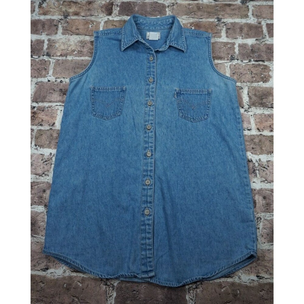 VTG 90s Levi's Sleeveless Denim Shirt Button Up Western Top Womens XL Runs Small